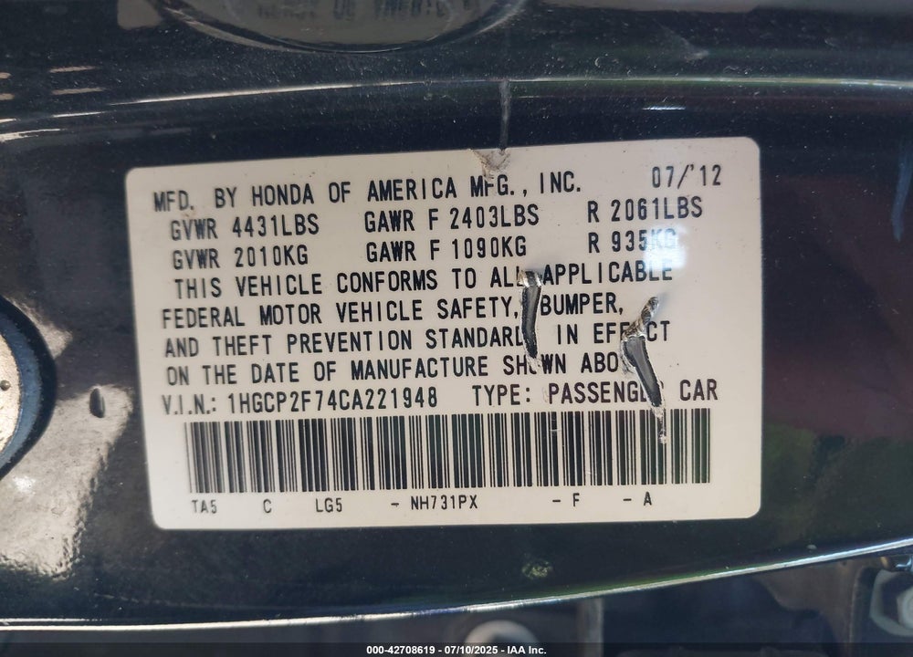 2012 HONDA ACCORD VIN: 1HGCP2F74CA221948