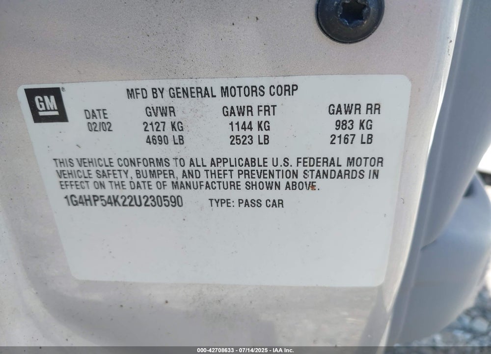 2002 BUICK LESABRE CUSTOM VIN: 1G4HP54K22U230590