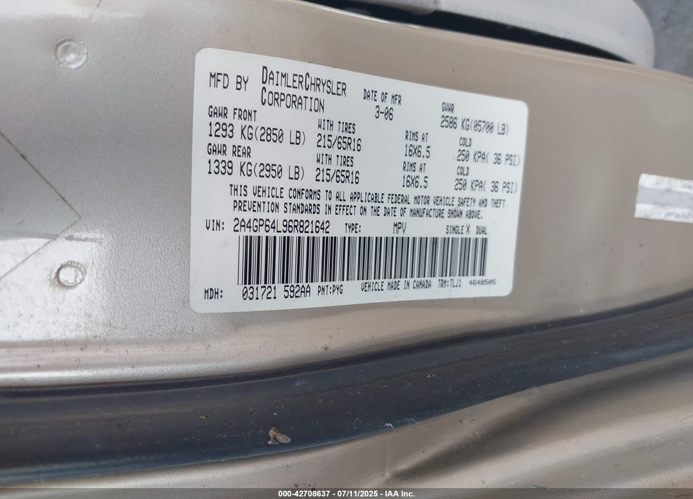 2006 CHRYSLER TOWN & COUNTRY LIMITED VIN: 2A4GP64L96R821642