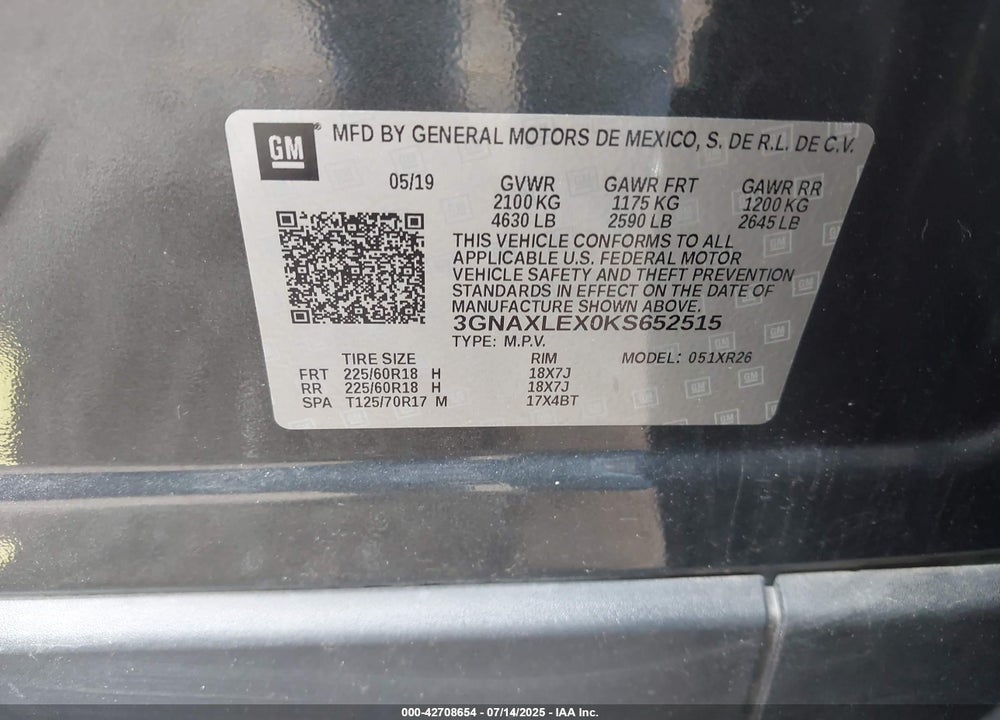 2019 CHEVROLET EQUINOX VIN: 3GNAXLEX0KS652515