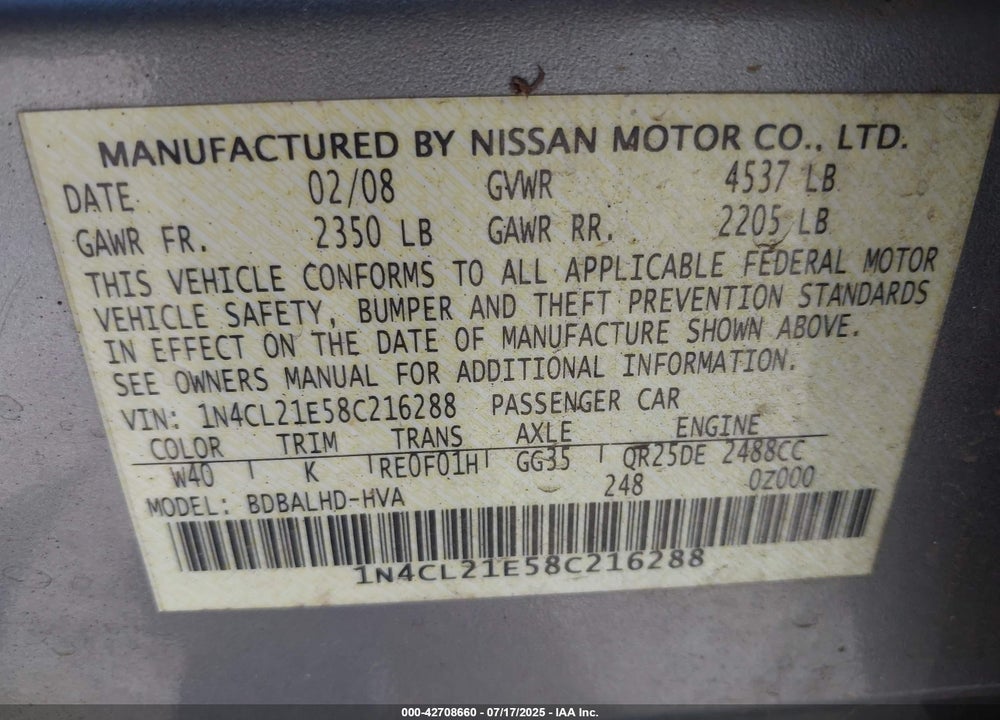 2008 NISSAN ALTIMA HYBRID VIN: 1N4CL21E58C216288