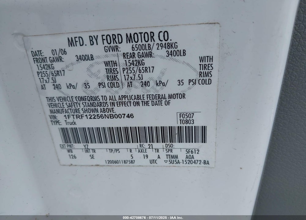 2006 FORD F-150 STX/XL/XLT VIN: 1FTRF12256NB00746