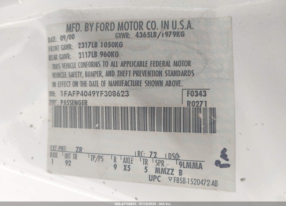 2000 FORD MUSTANG VIN: 1FAFP4049YF308623