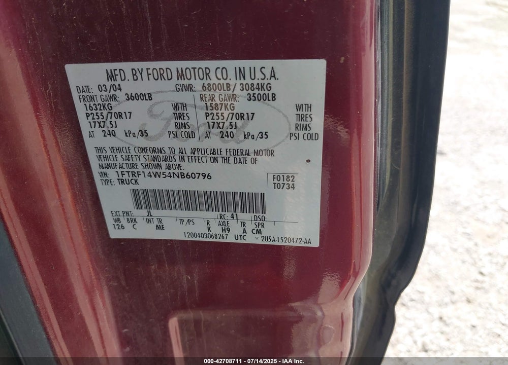 2004 FORD F-150 STX/XL/XLT VIN: 1FTRF14W54NB60796