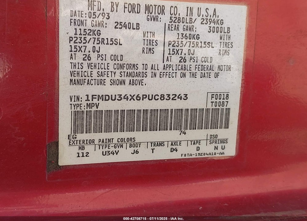 1993 FORD EXPLORER VIN: 1FMDU34X6PUC83243