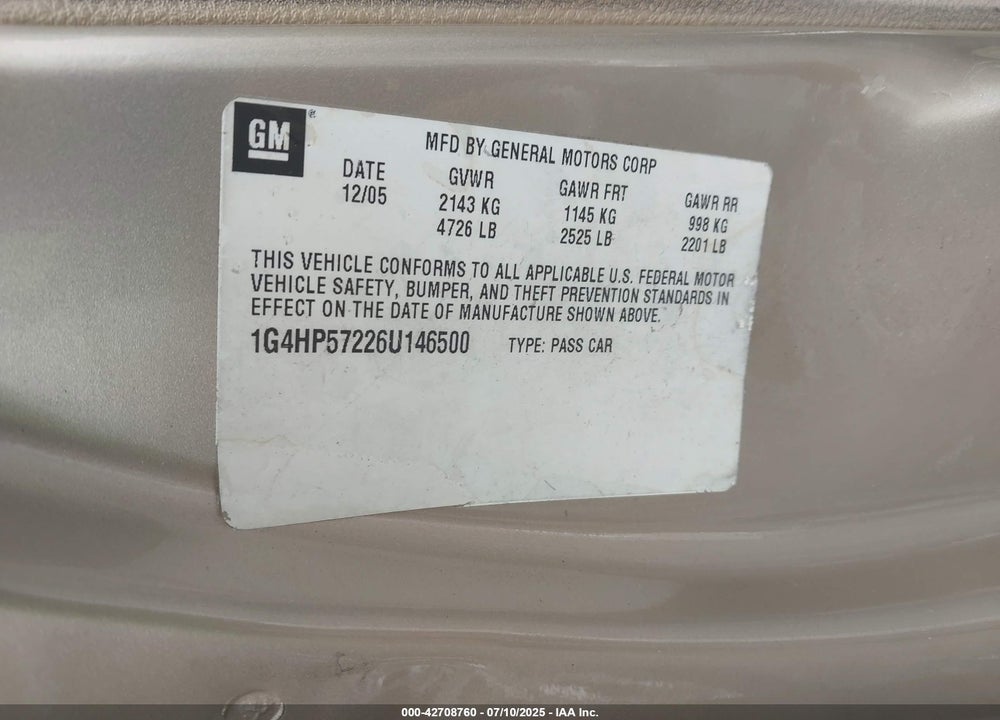 2006 BUICK LUCERNE VIN: 1G4HP57226U146500