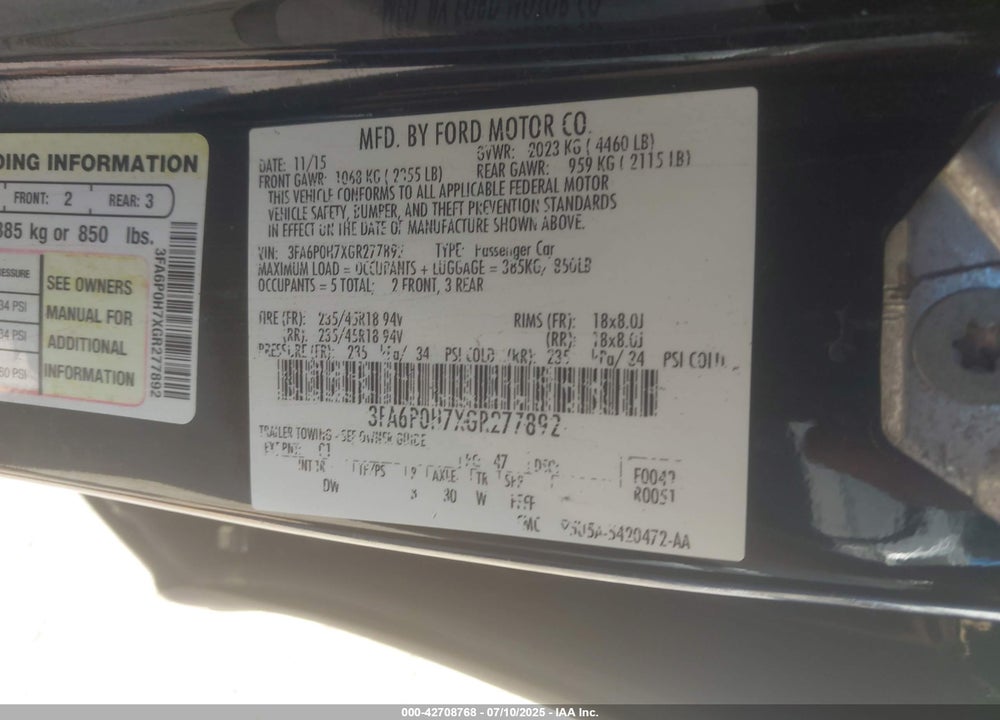2016 FORD FUSION SE VIN: 3FA6P0H7XGR277892