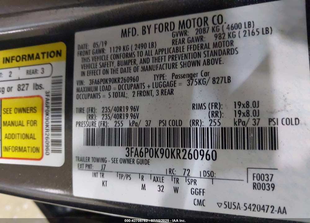 2019 FORD FUSION VIN: 3FA6POK90KR260960