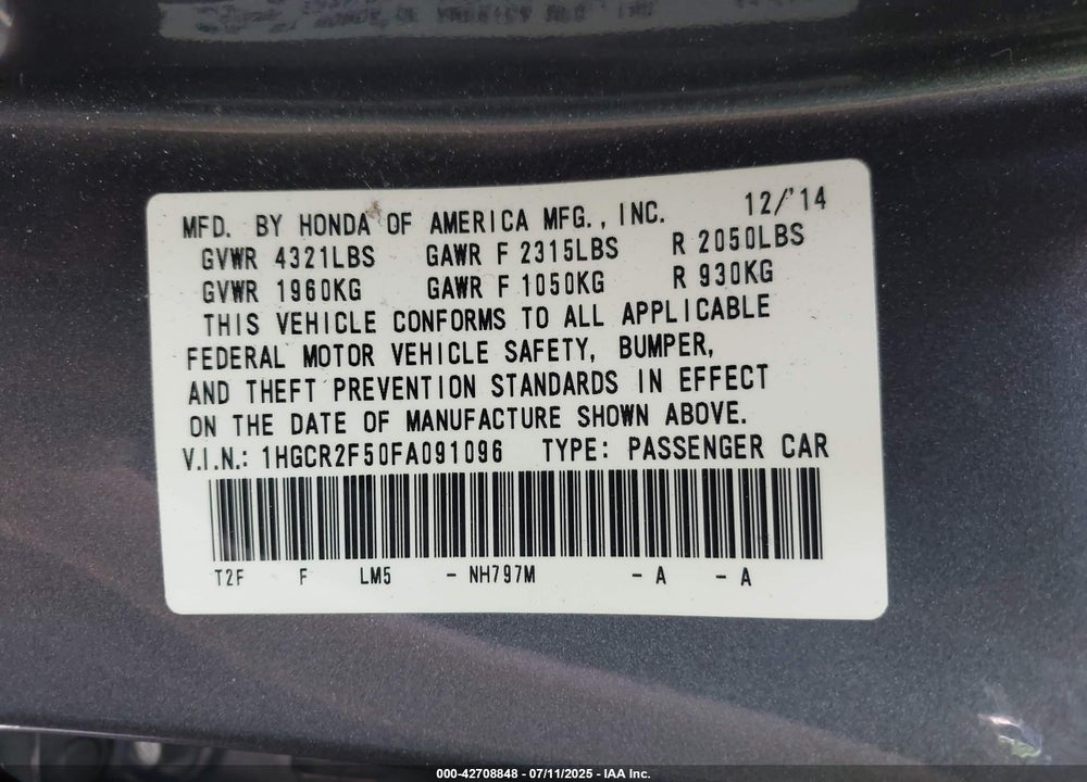 2015 HONDA ACCORD SPORT VIN: 1HGCR2F50FA091096