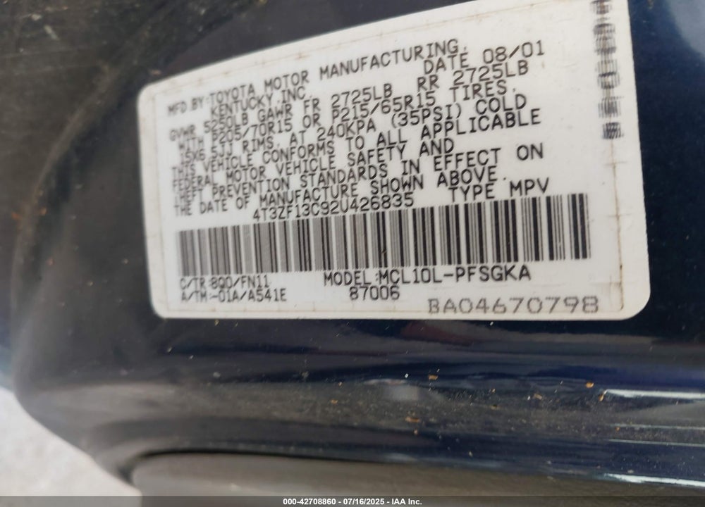 2002 TOYOTA SIENNA LE VIN: 4T3ZF13C92U426835