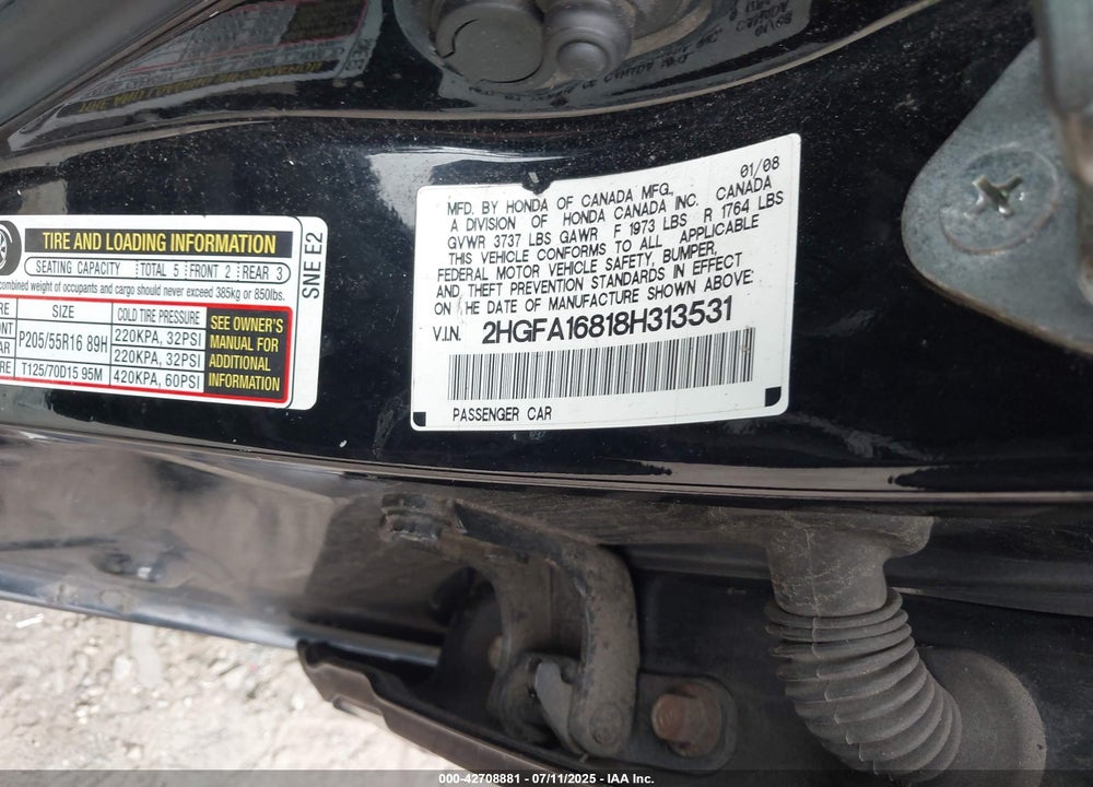 2008 HONDA CIVIC VIN: 2HGFA16818H313531