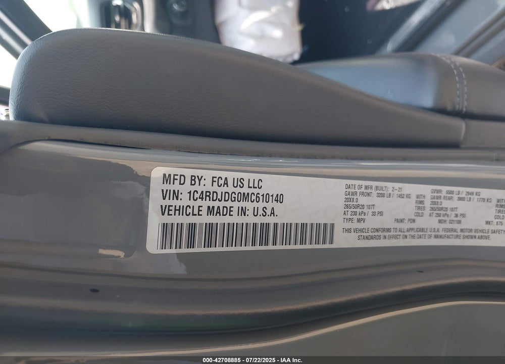 2021 DODGE DURANGO VIN: 1C4RDJDG0MC610140