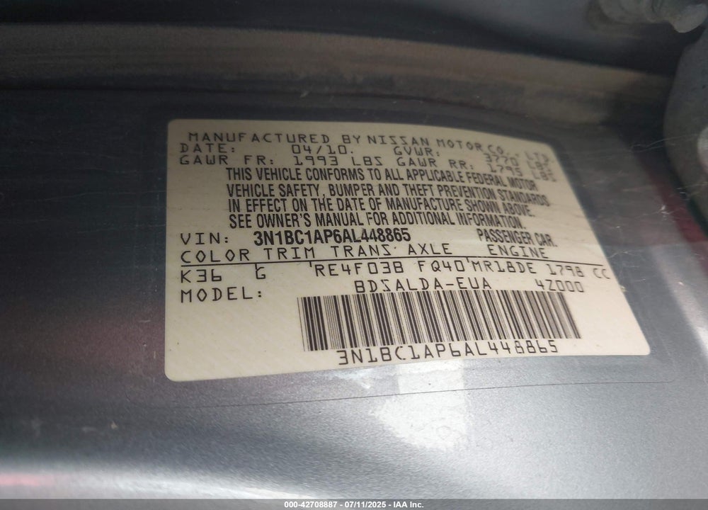 2010 NISSAN VERSA VIN: 3N1BC1AP6AL448865