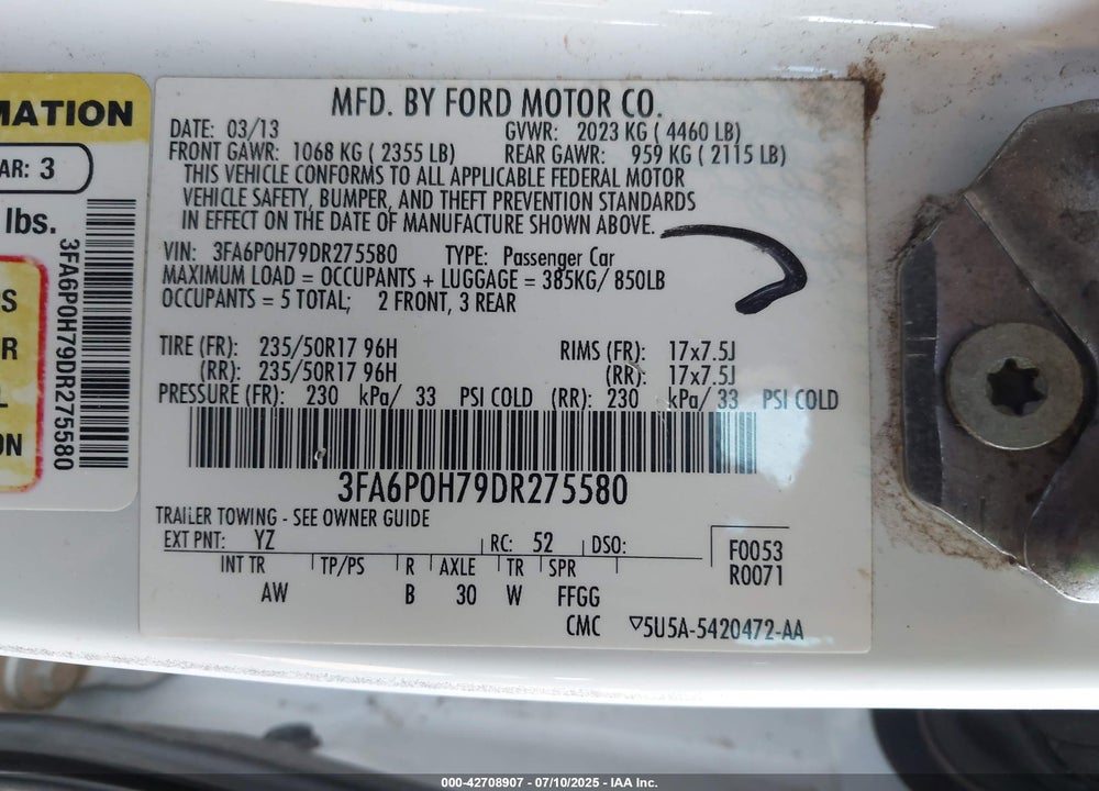 2013 FORD FUSION VIN: 3FA6P0H79DR275580