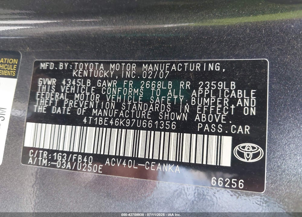 2007 TOYOTA CAMRY VIN: 4T1BE46K97U661356
