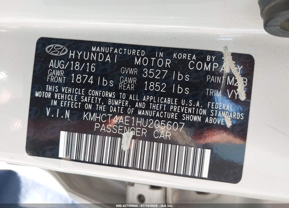 2017 HYUNDAI ACCENT VIN: KMHCT4AE1HU205607