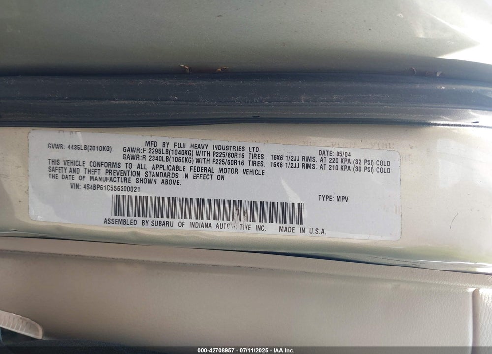 2005 SUBARU LEGACY  (NATL) 2.5I/OUTBACK VIN: 4S4BP61C556300021