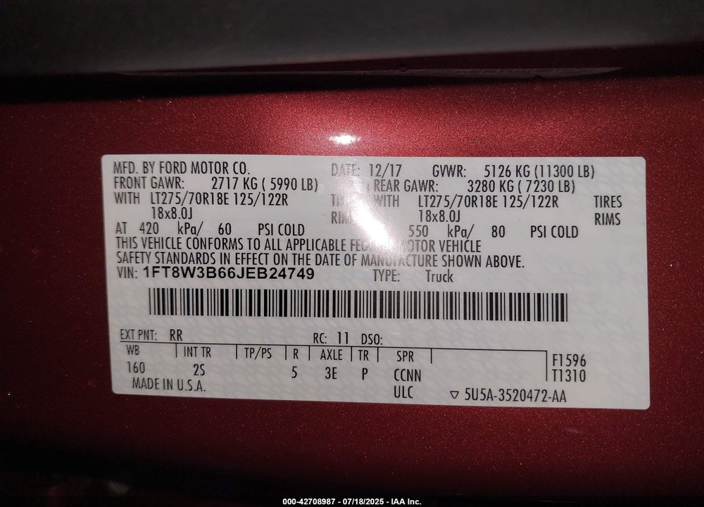 2018 FORD F-350 XLT VIN: 1FT8W3B66JEB24749