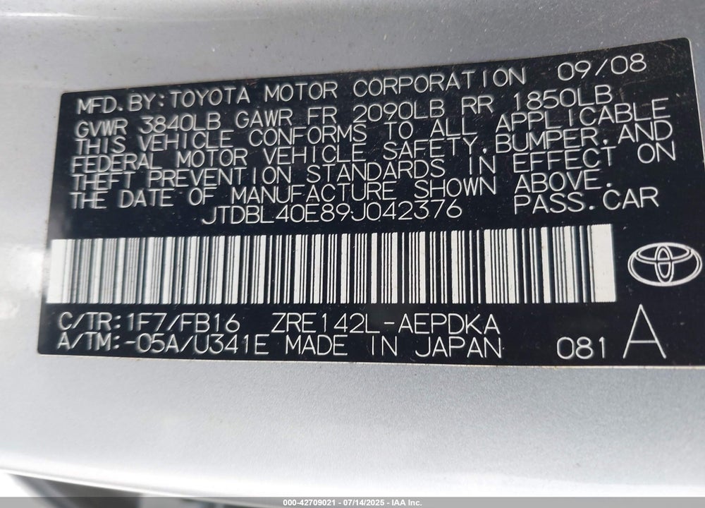 2009 TOYOTA COROLLA VIN: JTDBL40E89J042376