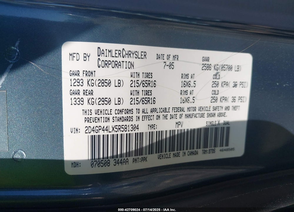 2005 DODGE GRAND CARAVAN SXT VIN: 2D4GP44LX5R581304