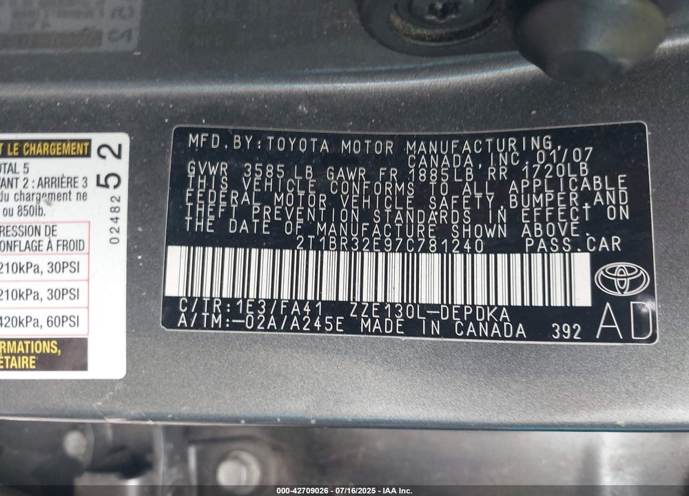 2007 TOYOTA COROLLA CE VIN: 2T1BR32E97C781240