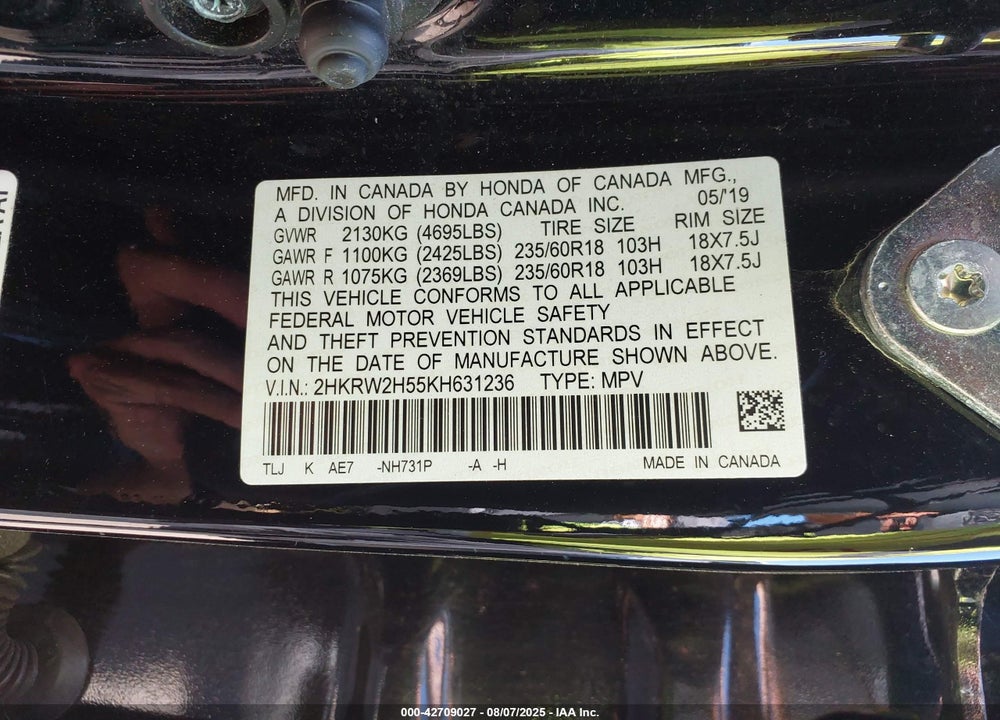 2019 HONDA CR-V EX VIN: 2HKRW2H55KH631236