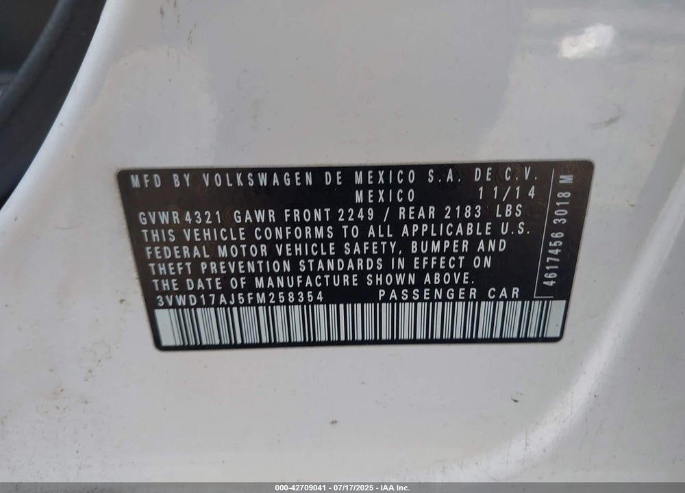 2015 VOLKSWAGEN JETTA VIN: 3VWD17AJ5FM258354