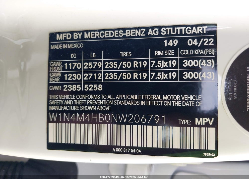 2022 MERCEDES-BENZ GLB 250 4MATIC VIN: W1N4M4HB0NW206791