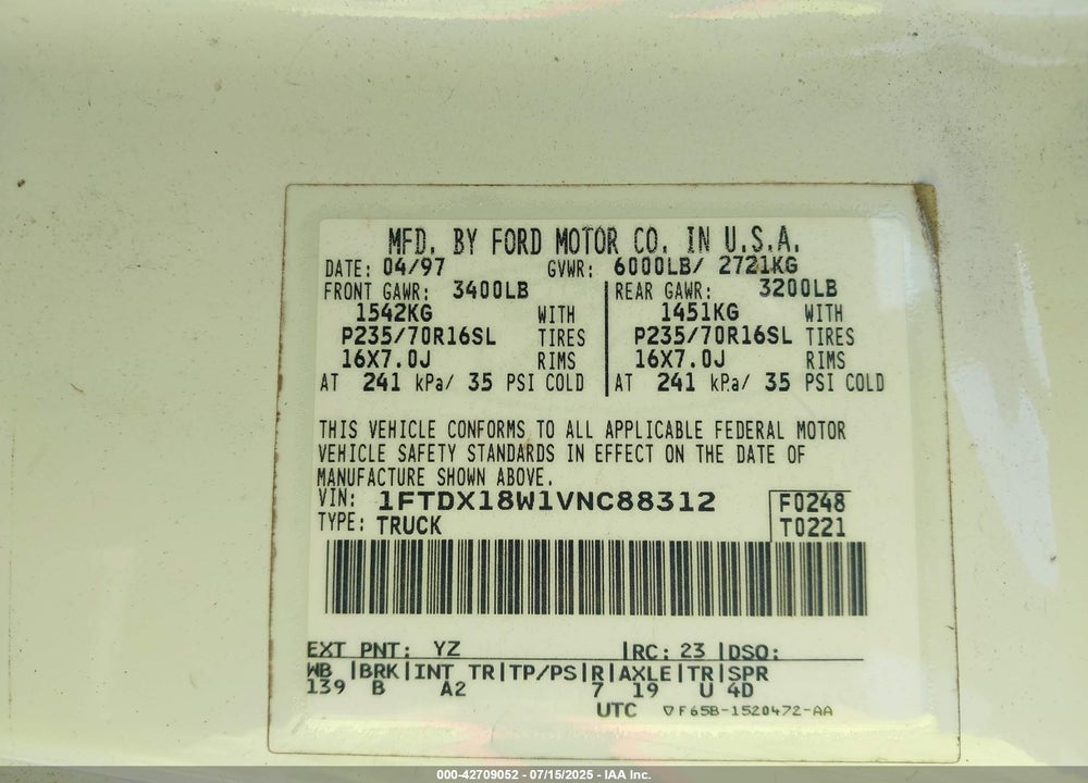 1997 FORD F-150 LARIAT/XL/XLT VIN: 1FTDX18W1VNC88312