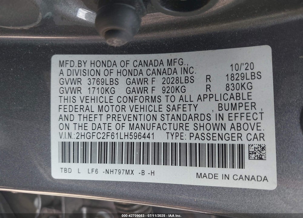 2020 HONDA CIVIC LX VIN: 2HGFC2F61LH596441