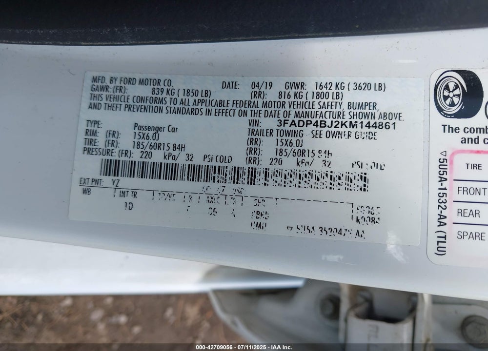 2019 FORD FIESTA SE VIN: 3FADP4BJ2KM144861