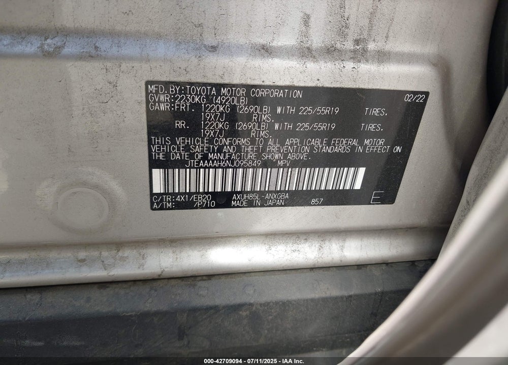 2022 TOYOTA VENZA VIN: JTEAAAAH6NJ095849