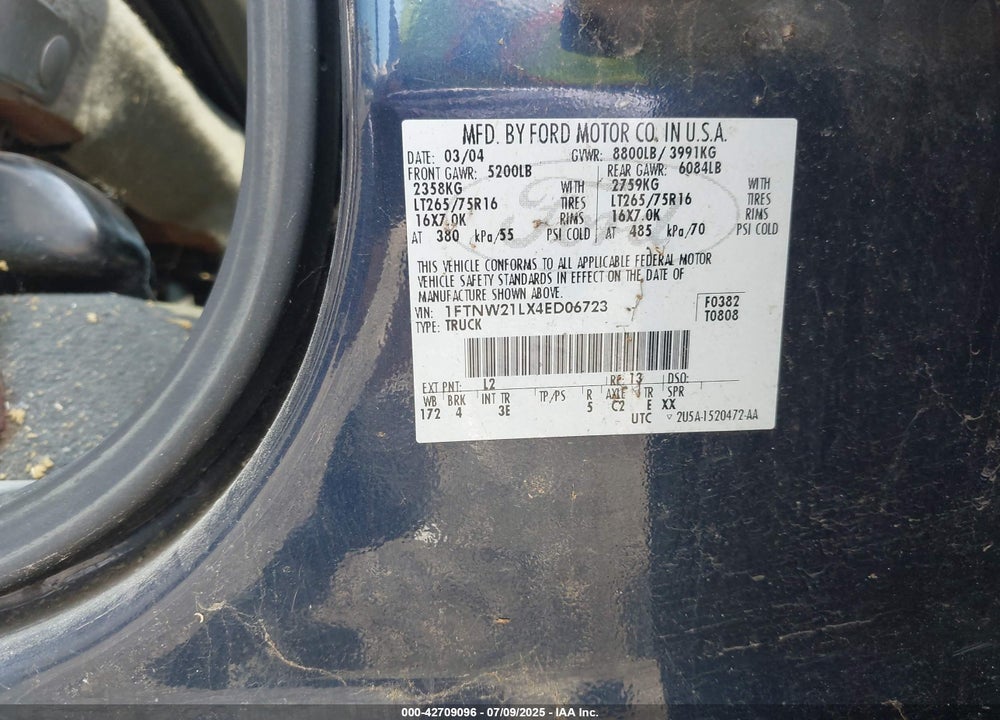 2004 FORD F-250 LARIAT/XL/XLT VIN: 1FTNW21LX4ED06723