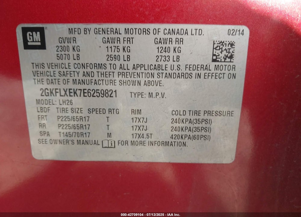 2014 GMC TERRAIN SLT VIN: 2GKFLXEK7E6259821