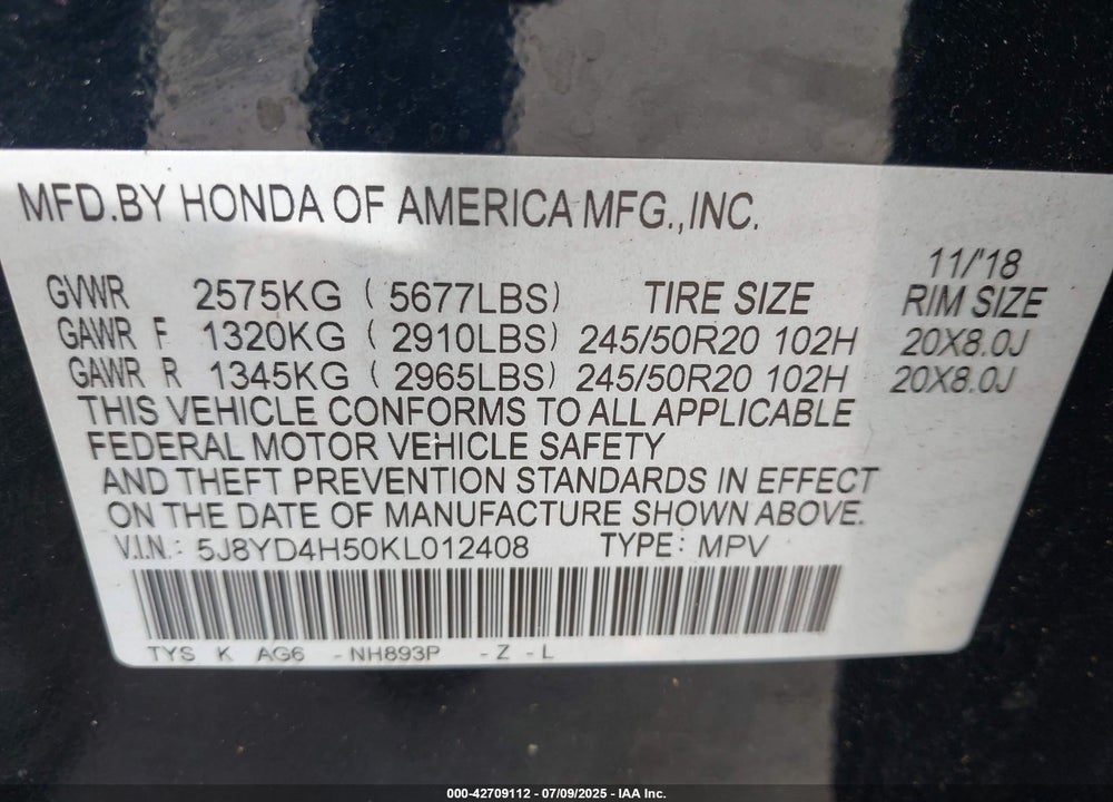 2019 ACURA MDX VIN: 5J8YD4H50KL012408