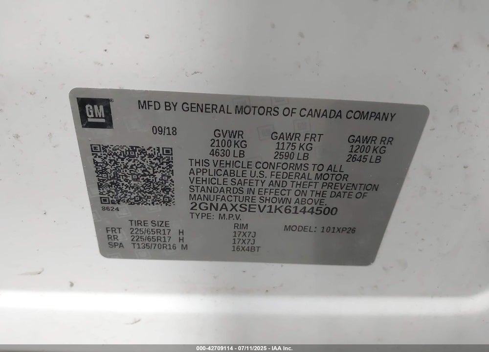 2019 CHEVROLET EQUINOX VIN: 2GNAXSEV1K6144500