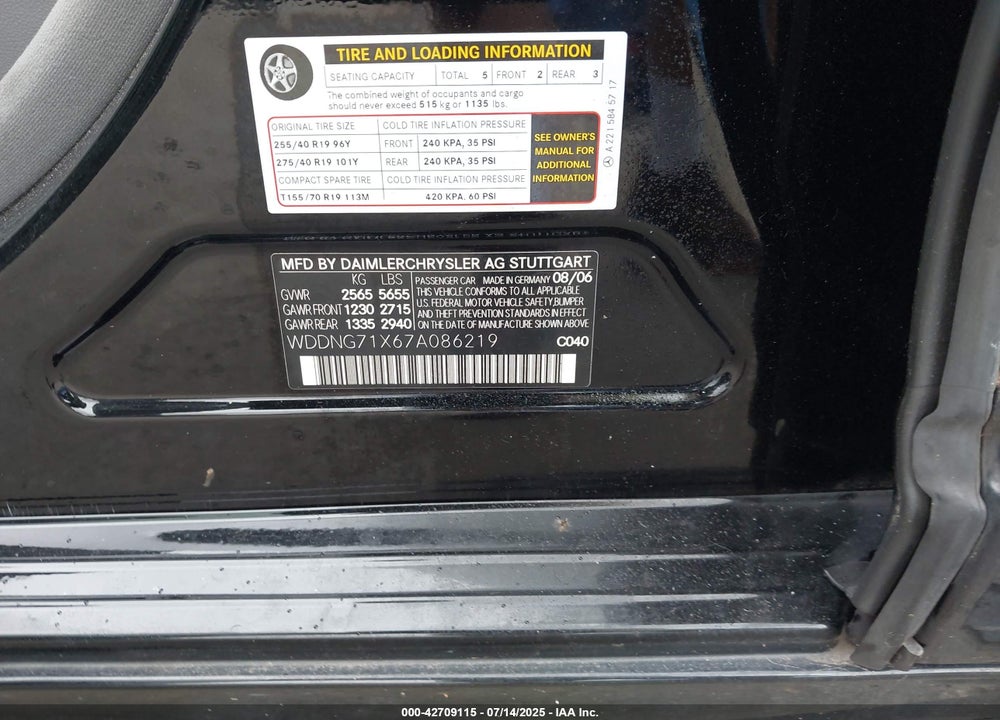 2007 MERCEDES-BENZ S 550 VIN: WDDNG71X67A086219