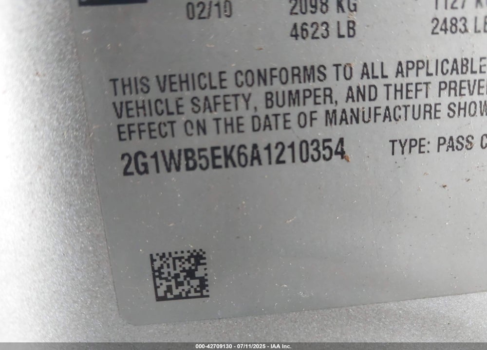 2010 CHEVROLET IMPALA VIN: 2G1WB5EK6A1210354