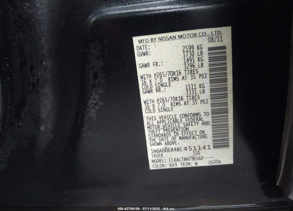2011 NISSAN FRONTIER SV VIN: 1N6AD0ER4BC451141