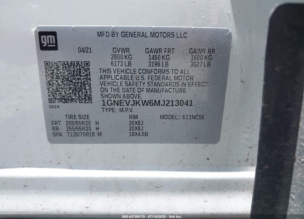 2021 CHEVROLET TRAVERSE VIN: 1GNEVJKW6MJ213041