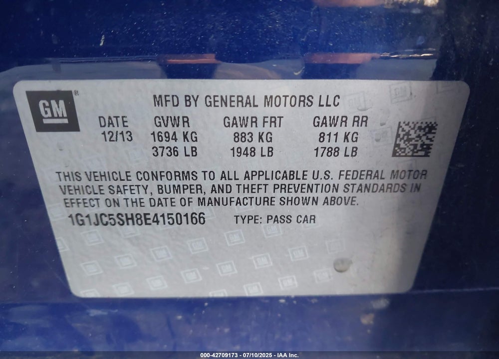 2014 CHEVROLET SONIC LT AUTO VIN: 1G1JC5SH8E4150166