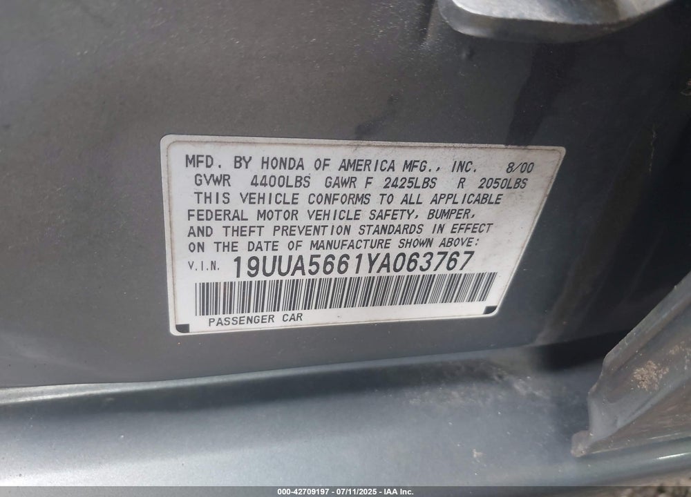 2000 ACURA TL 3.2 VIN: 19UUA5661YA063767