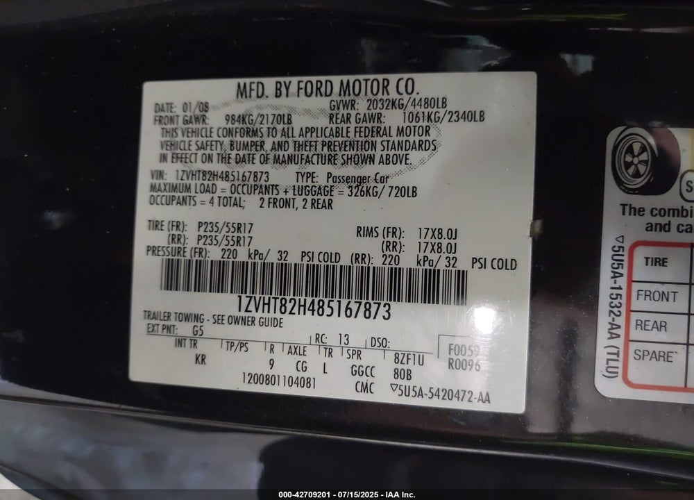 2008 FORD MUSTANG VIN: 1ZVHT82H485167873