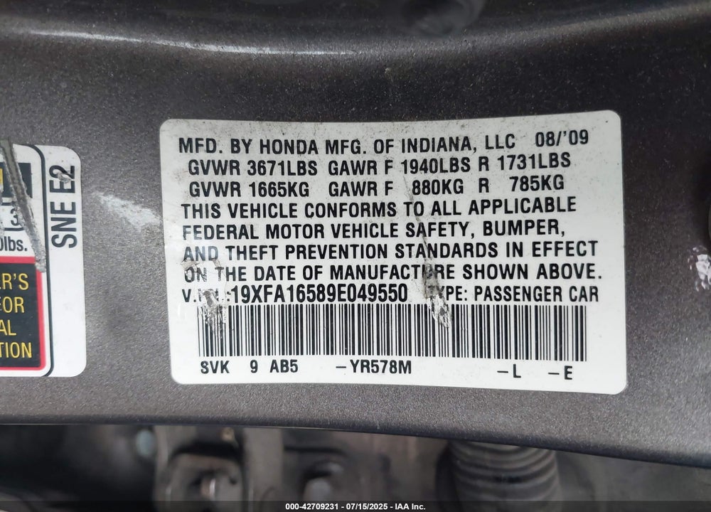 2009 HONDA CIVIC VIN: 19XFA16589E049550
