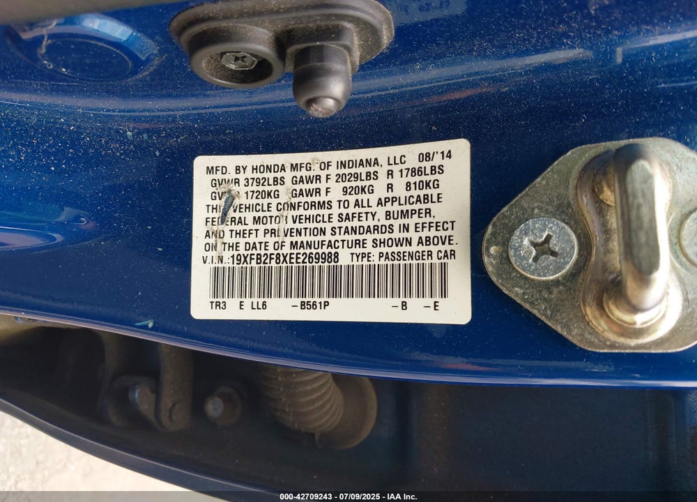 2014 HONDA CIVIC EX VIN: 19XFB2F8XEE269988
