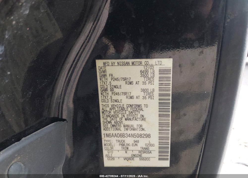 2004 NISSAN TITAN XE VIN: 1N6AA06B34N508298