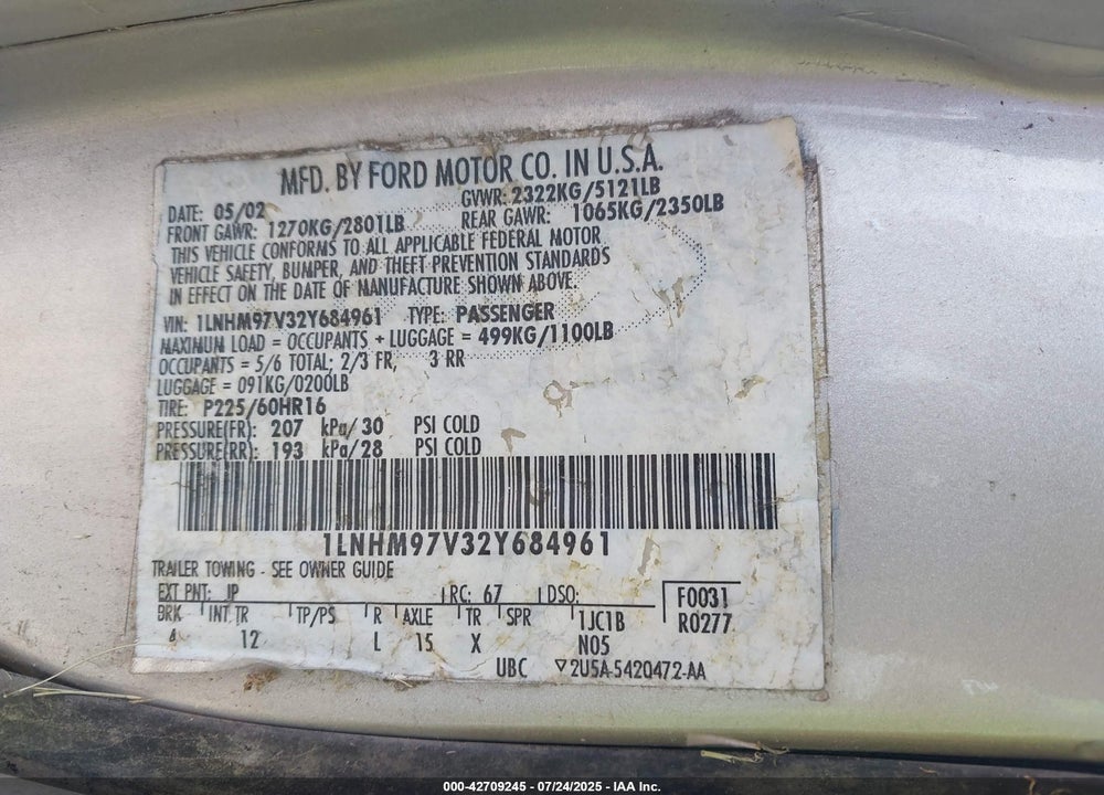 2002 LINCOLN CONTINENTAL VIN: 1LNHM97V32Y684961