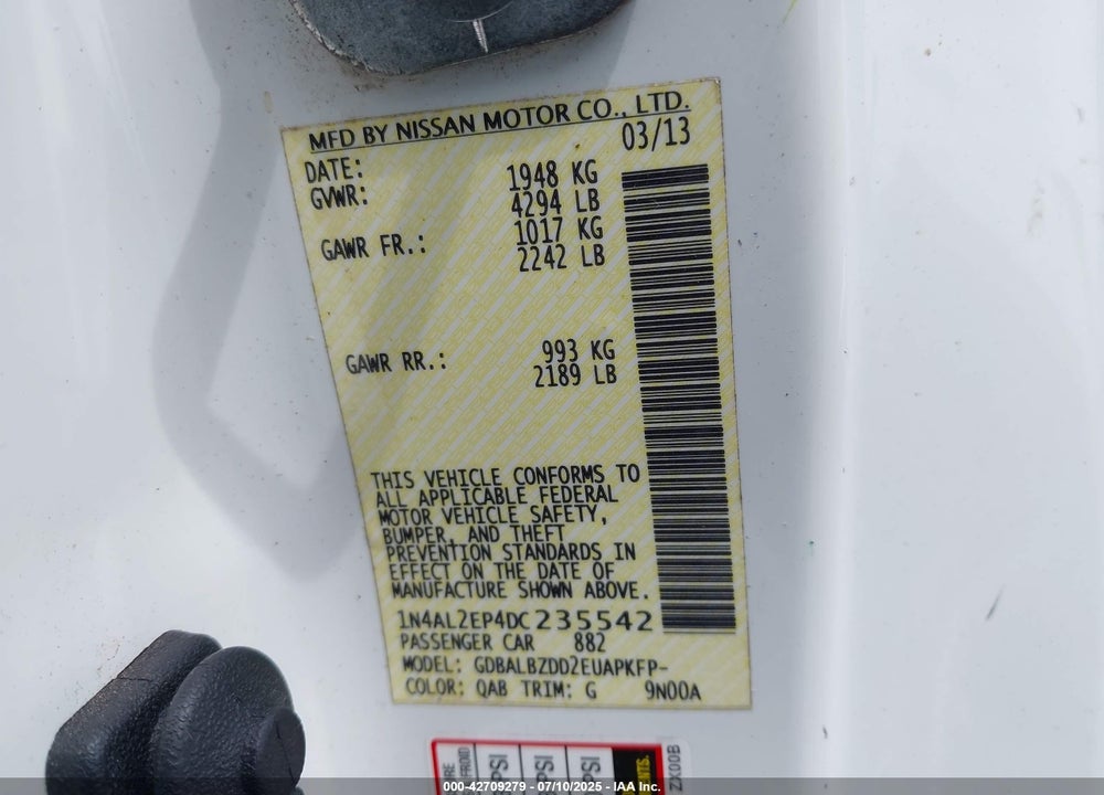 2013 NISSAN ALTIMA VIN: 1N4AL2EP4DC235542