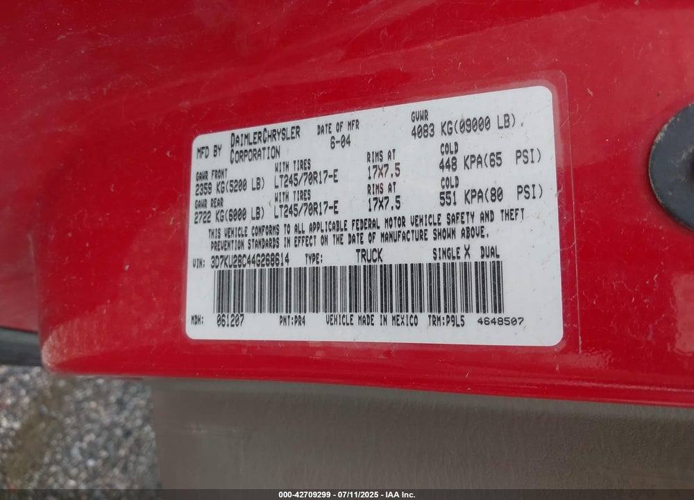 2004 DODGE RAM 2500 ST VIN: 3D7KU28C44G268614