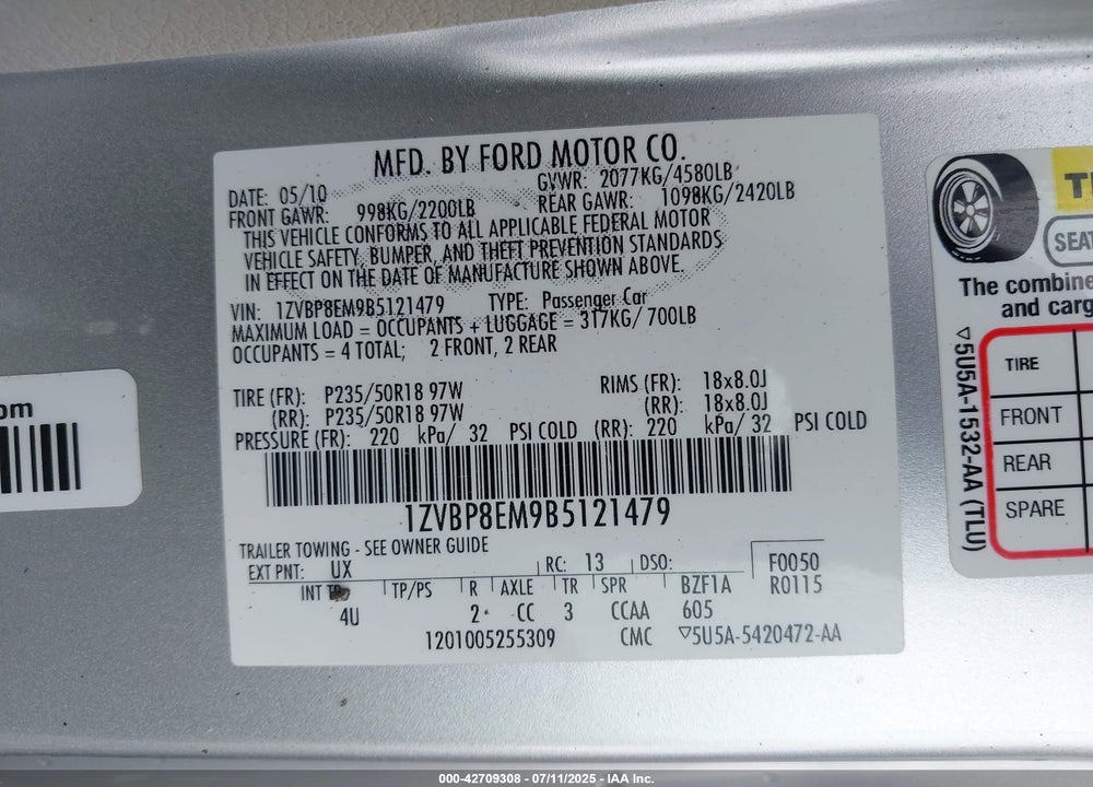 2011 FORD MUSTANG VIN: 1ZVBP8EM9B5121479